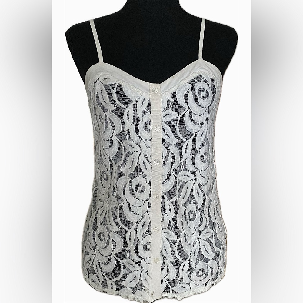 UO Kimchi Blue Off-White Floral Lace Sweetheart Tank Top